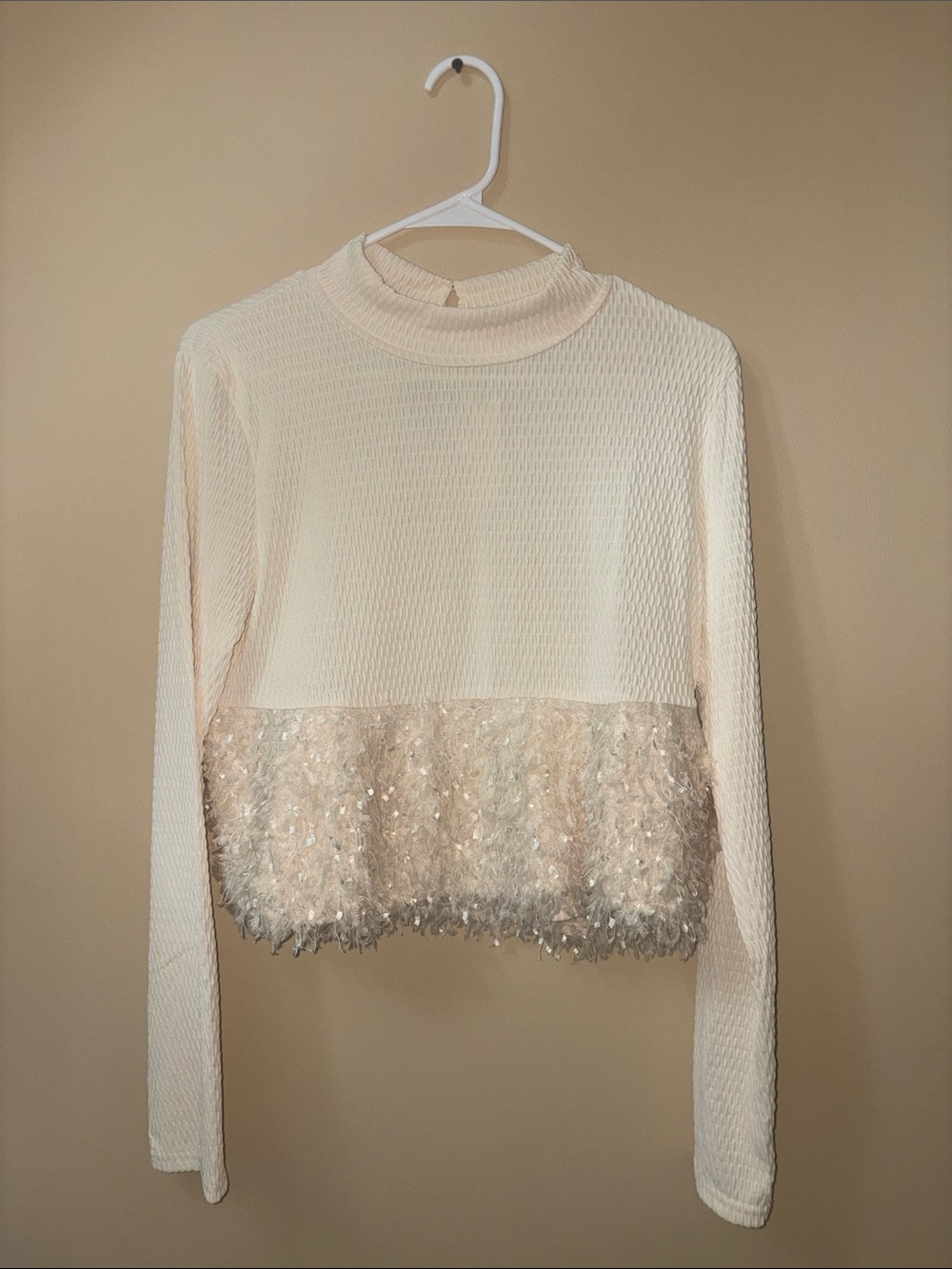 Anthropologie Cream Mock Neck Textured Fringe Hem Sweater